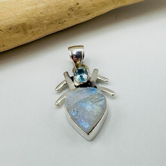 Sterling Silver Natural Rainbow Moonstone Rough & Blue Topaz Pendant - Picture 3 of 16